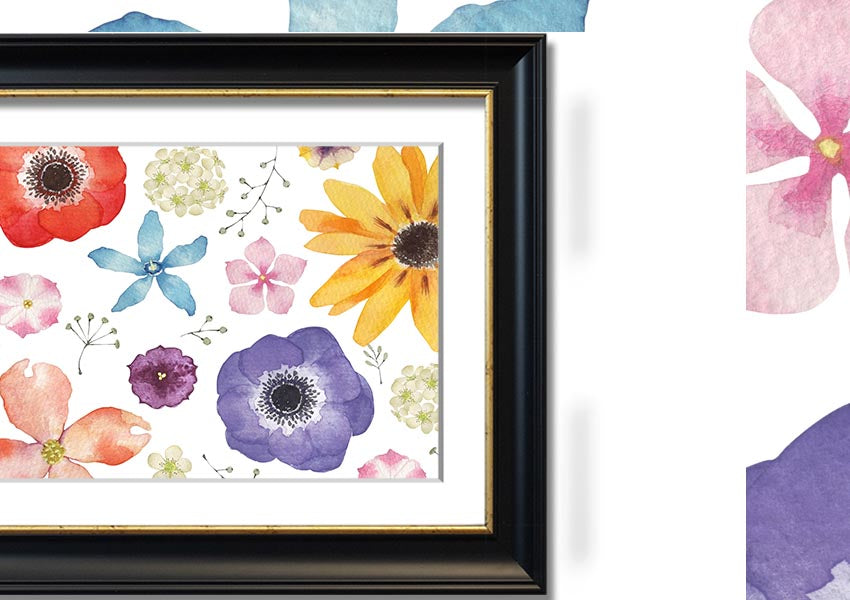 Aerial view of colorful flowers framed print, showcasing vibrant colors and intricate details, ready to hang.