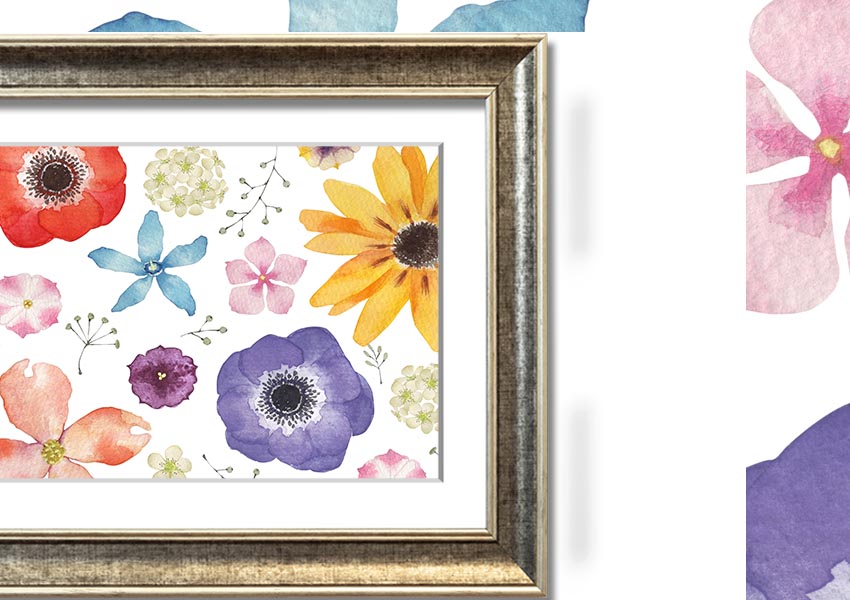 Aerial view of colorful flowers framed print, showcasing vibrant colors and intricate details, ready to hang.