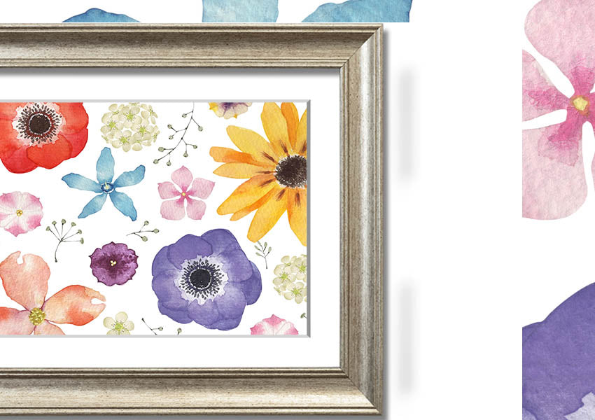 Aerial view of colorful flowers framed print, showcasing vibrant colors and intricate details, ready to hang.