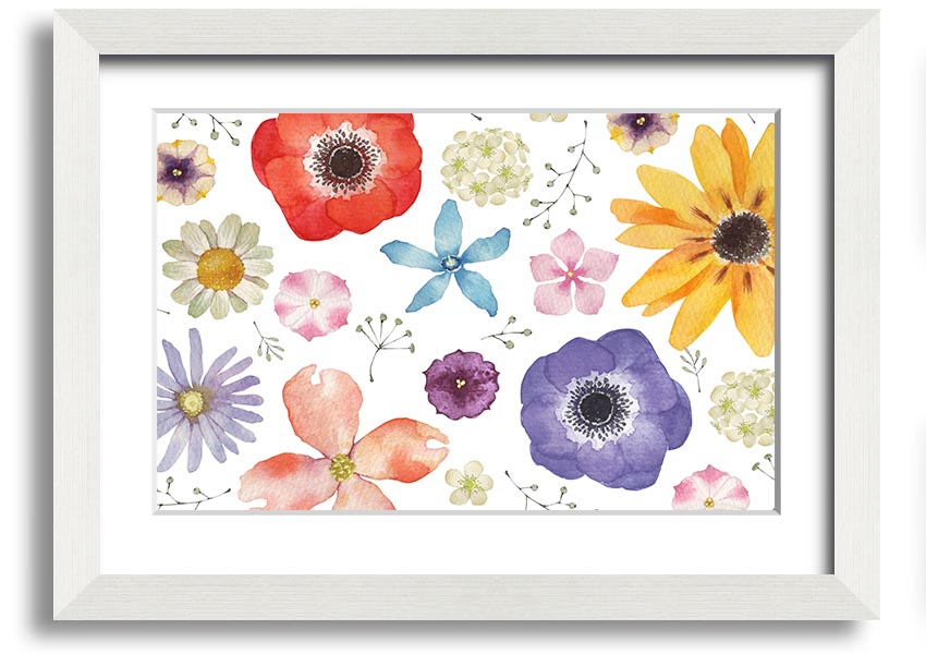 Aerial view of colorful flowers framed print, showcasing vibrant colors and intricate details, ready to hang.