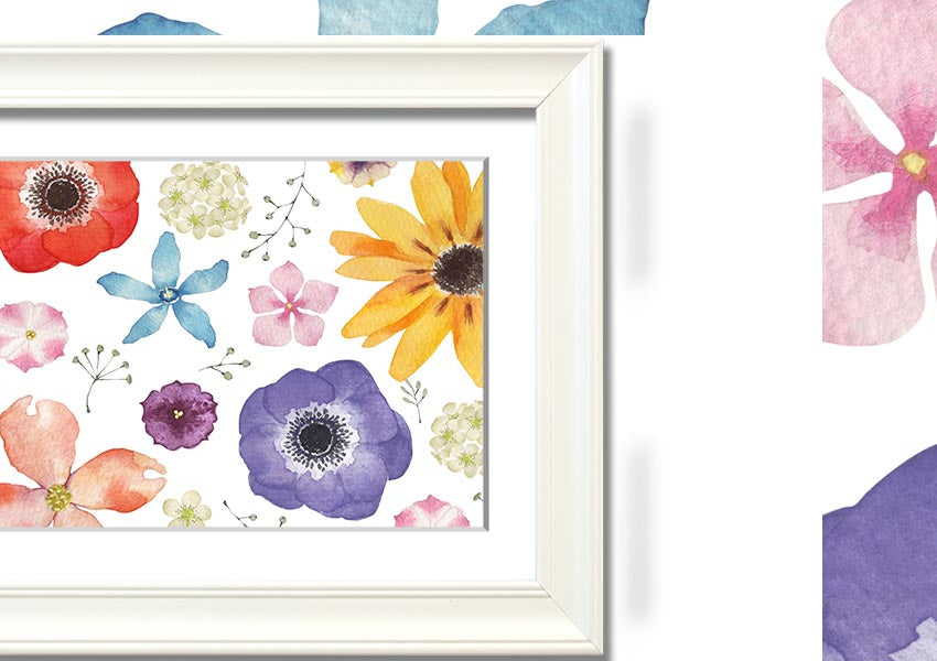 Aerial view of colorful flowers framed print, showcasing vibrant colors and intricate details, ready to hang.