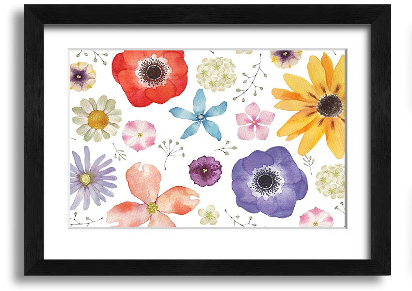 Aerial view of colorful flowers framed print, showcasing vibrant colors and intricate details, ready to hang.