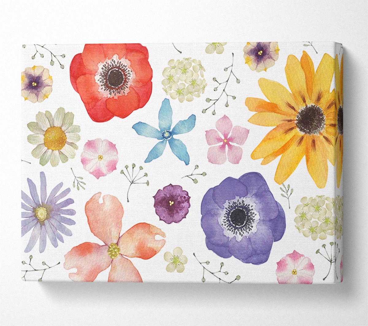 Aerial View Flowers canvas art mounted on a 44mm box frame, showcasing vibrant floral patterns.