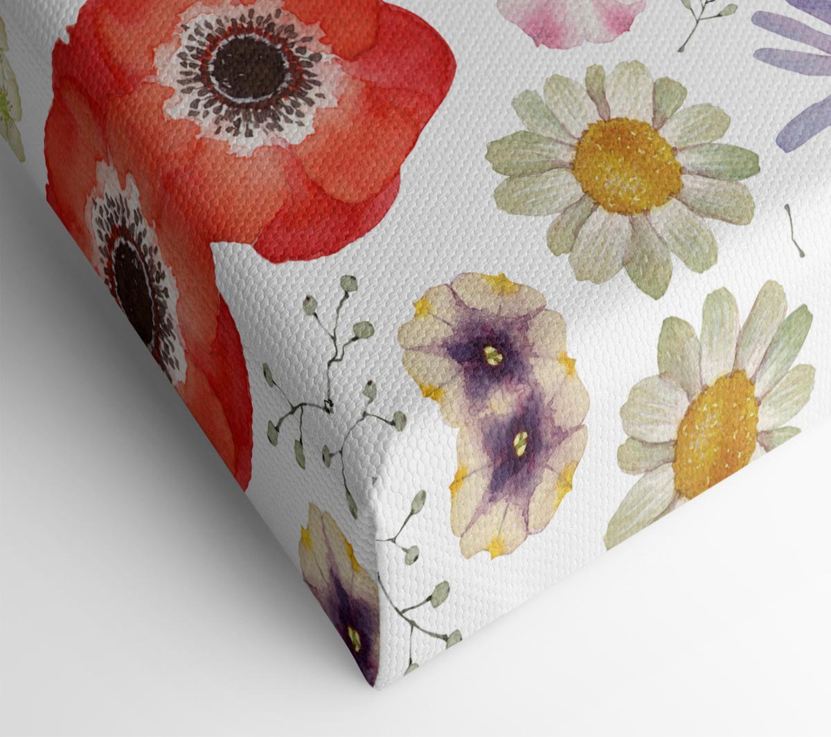 Aerial View Flowers canvas art mounted on a 44mm box frame, showcasing vibrant floral patterns.