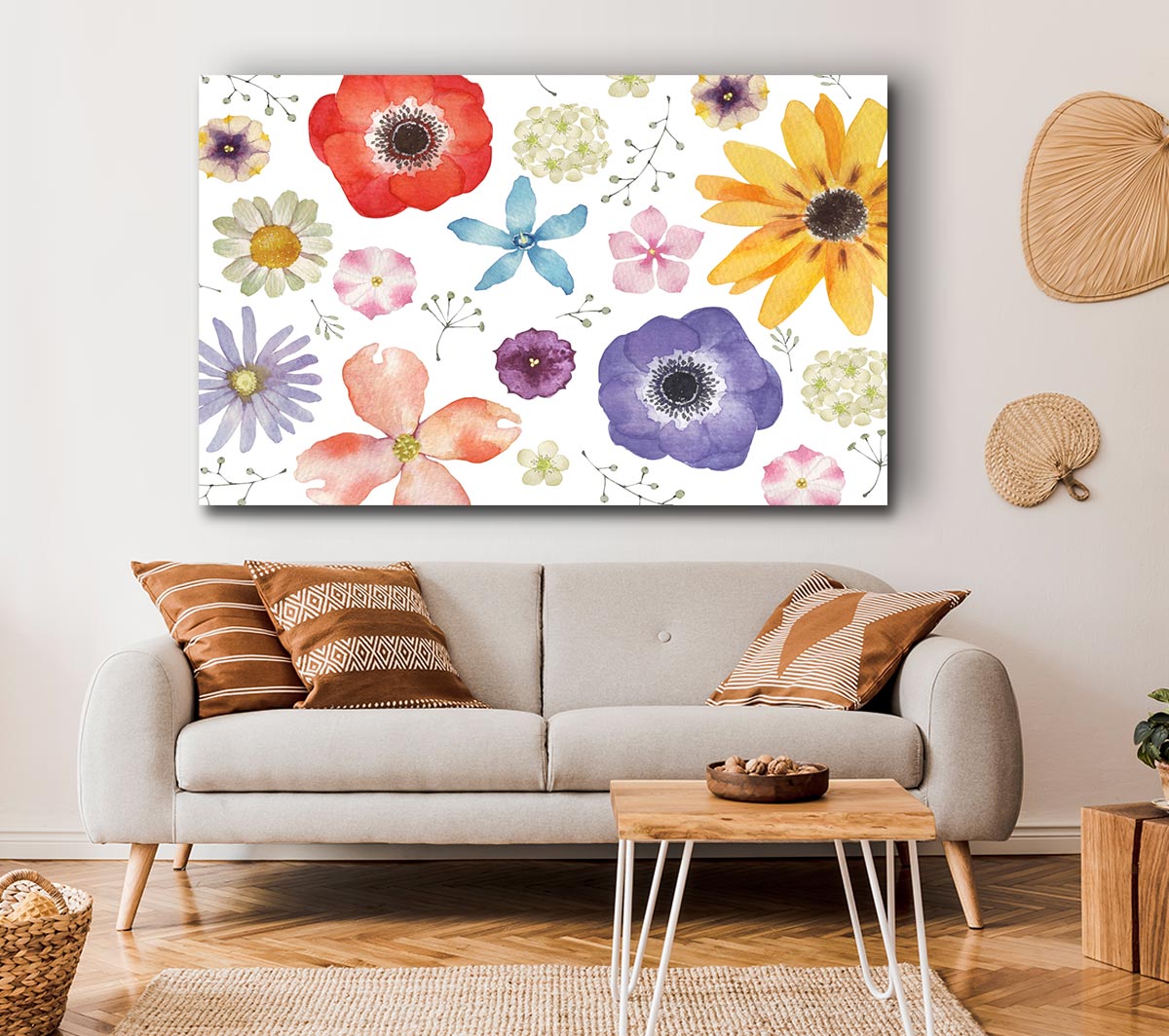 Aerial View Flowers canvas art mounted on a 44mm box frame, showcasing vibrant floral patterns.