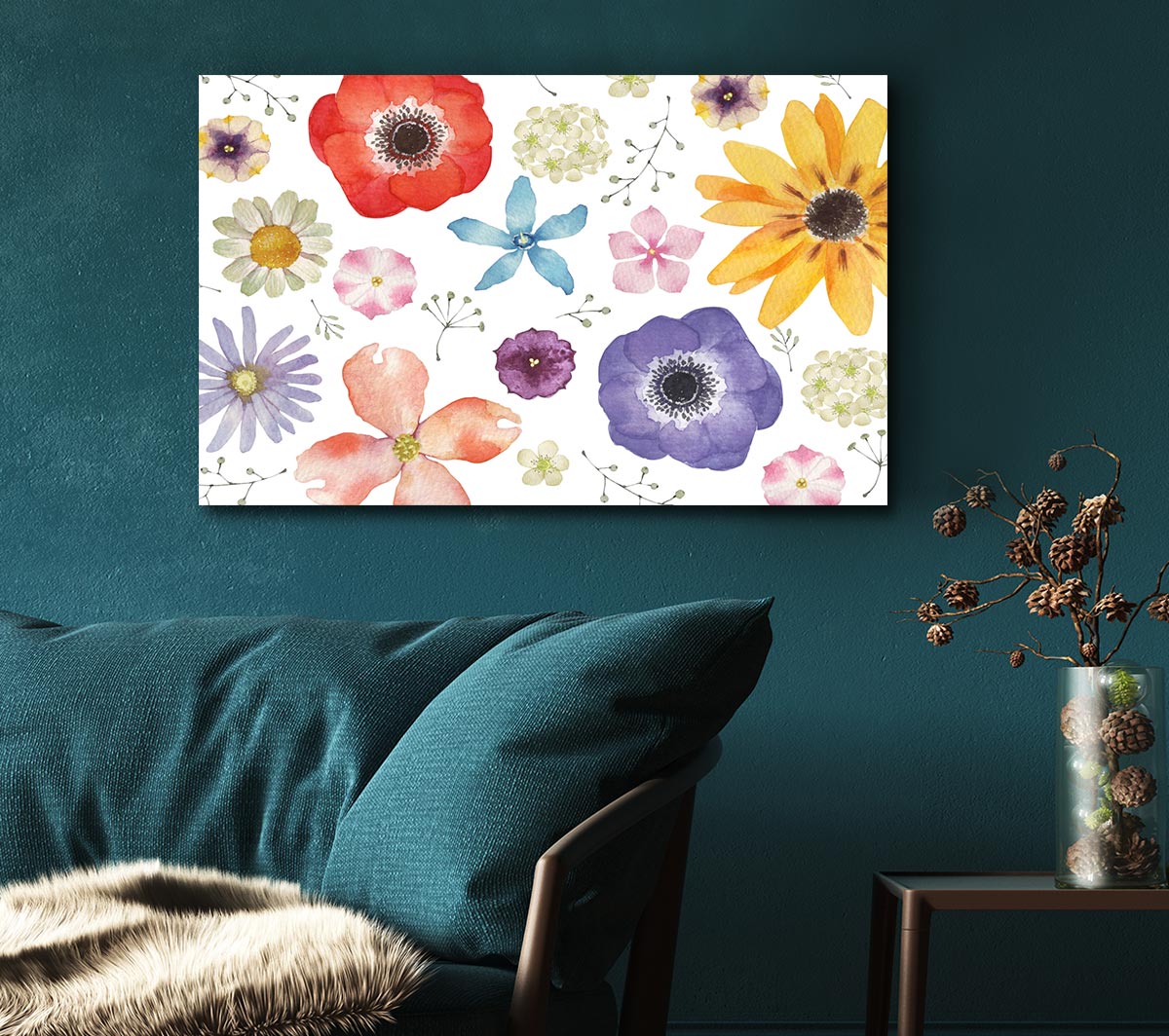 Aerial View Flowers canvas art mounted on a 44mm box frame, showcasing vibrant floral patterns.