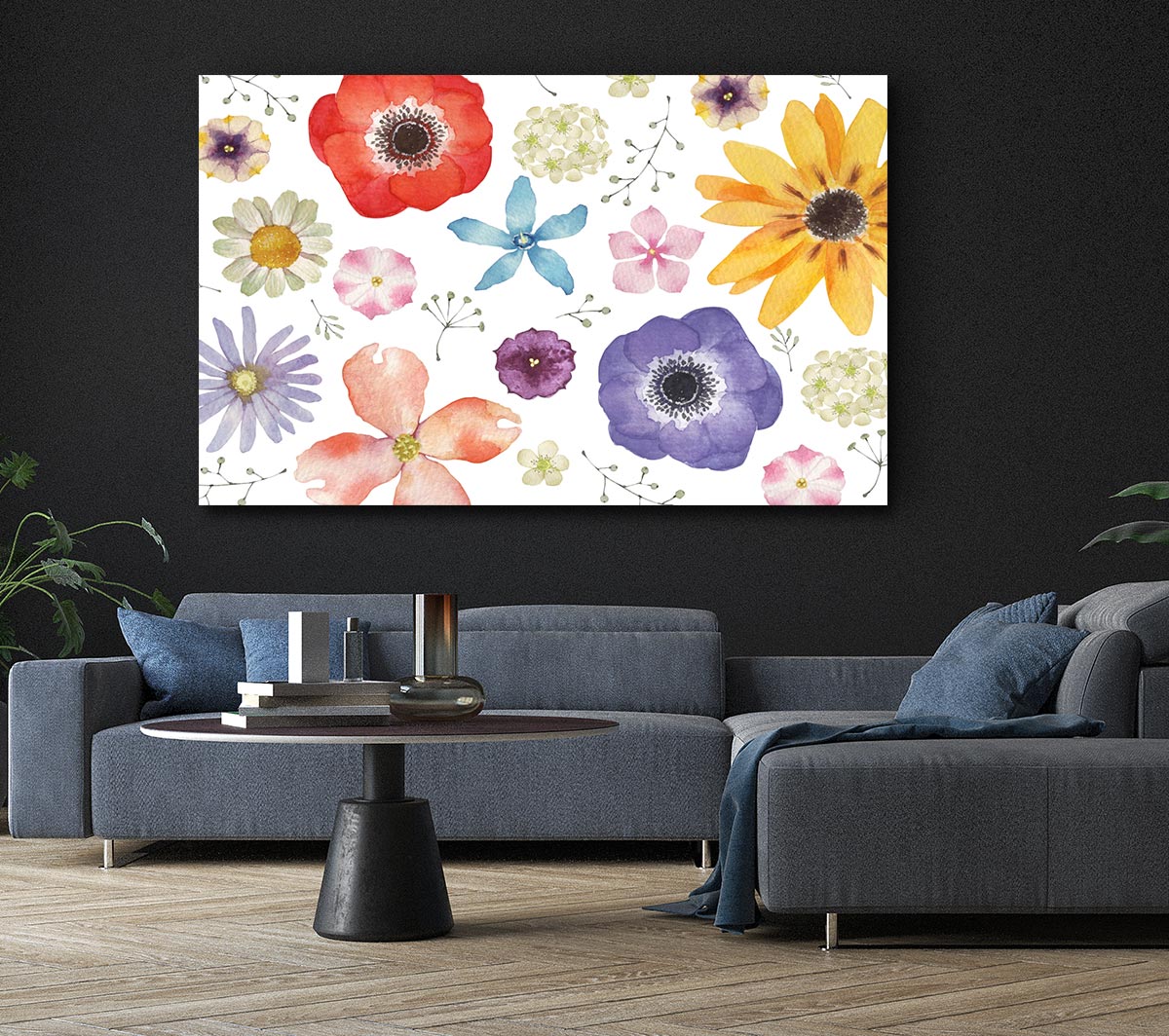 Aerial View Flowers canvas art mounted on a 44mm box frame, showcasing vibrant floral patterns.