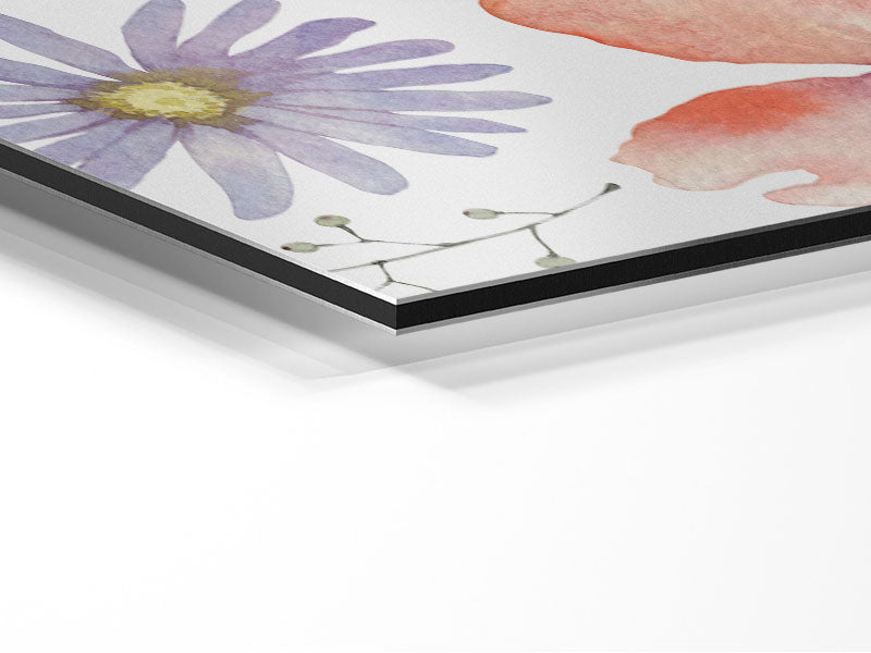 Aerial view of colorful flowers printed on brushed aluminium dibond, showcasing modern art design.