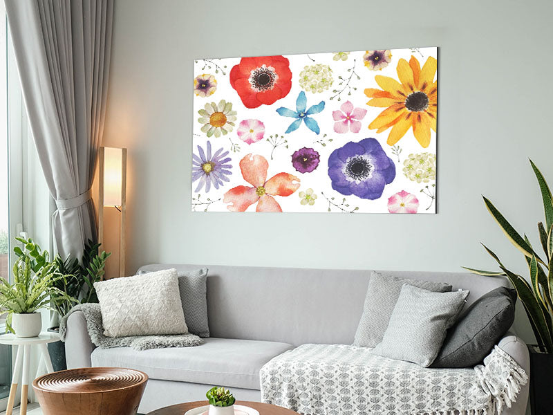 Aerial view of colorful flowers printed on brushed aluminium dibond, showcasing modern art design.