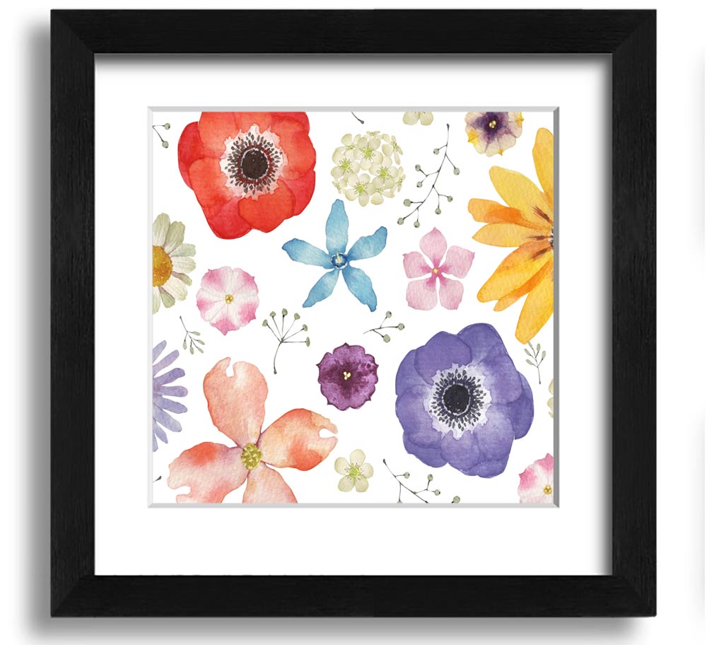 Aerial view of colorful flowers in a square framed print, showcasing vibrant hues and intricate details, ready to hang.