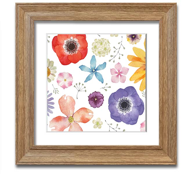 Aerial view of colorful flowers in a square framed print, showcasing vibrant hues and intricate details, ready to hang.