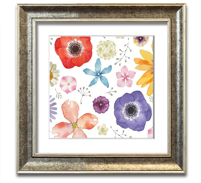 Aerial view of colorful flowers in a square framed print, showcasing vibrant hues and intricate details, ready to hang.