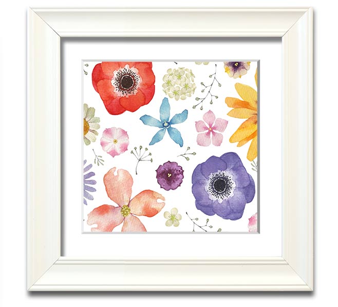 Aerial view of colorful flowers in a square framed print, showcasing vibrant hues and intricate details, ready to hang.