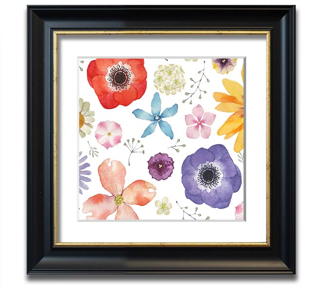 Aerial view of colorful flowers in a square framed print, showcasing vibrant hues and intricate details, ready to hang.