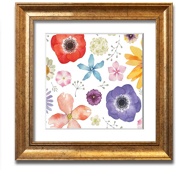 Aerial view of colorful flowers in a square framed print, showcasing vibrant hues and intricate details, ready to hang.