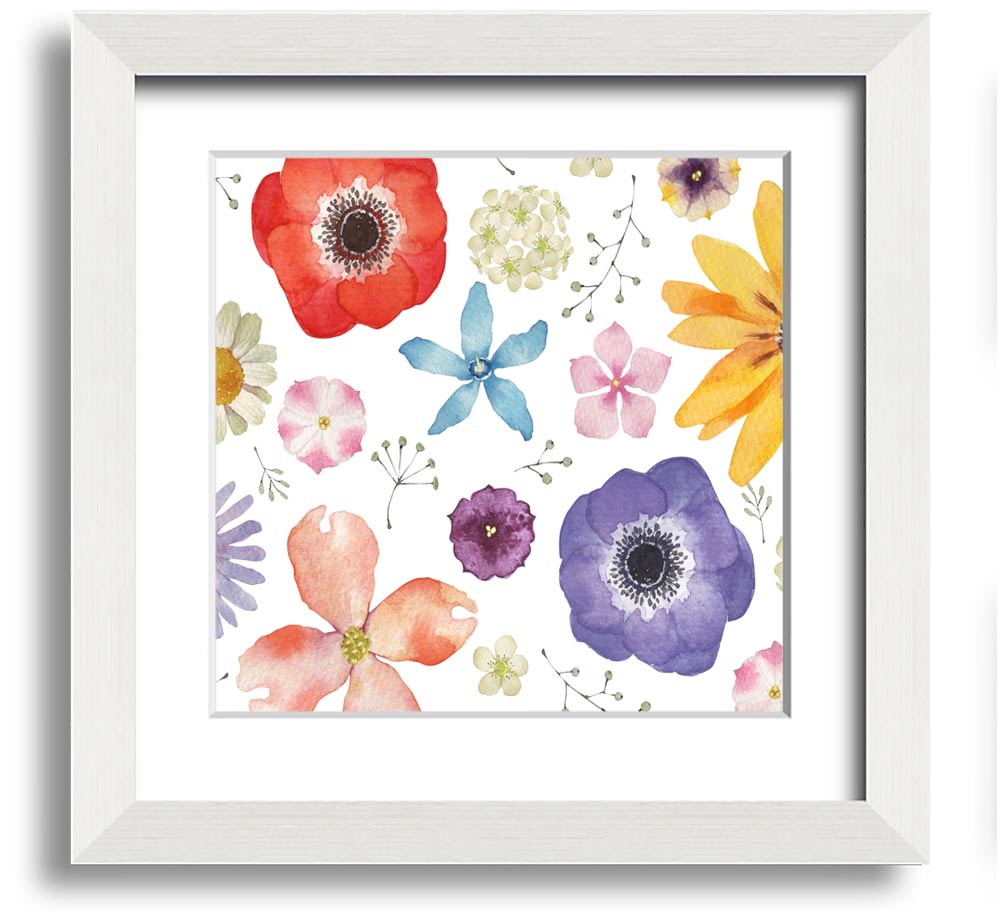 Aerial view of colorful flowers in a square framed print, showcasing vibrant hues and intricate details, ready to hang.