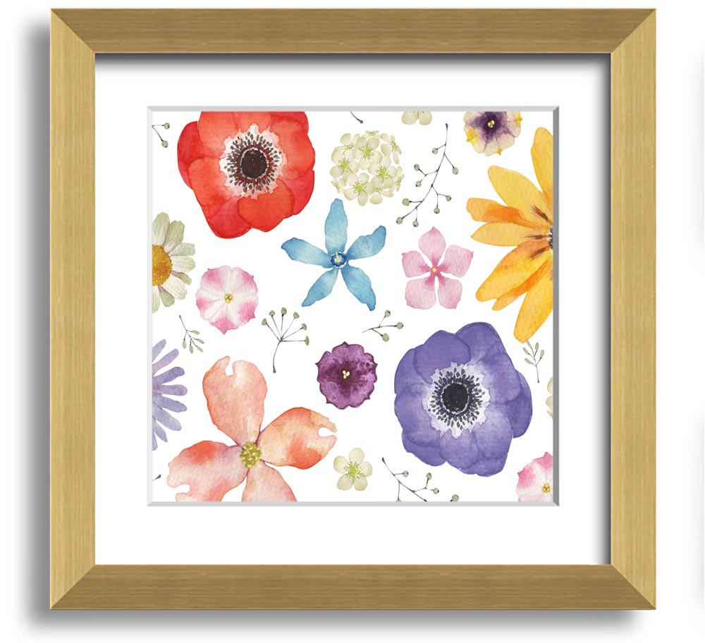 Aerial view of colorful flowers in a square framed print, showcasing vibrant hues and intricate details, ready to hang.