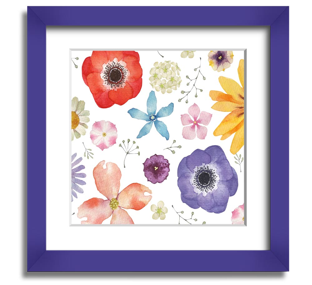 Aerial view of colorful flowers in a square framed print, showcasing vibrant hues and intricate details, ready to hang.