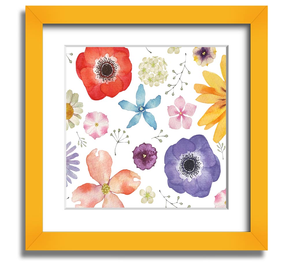 Aerial view of colorful flowers in a square framed print, showcasing vibrant hues and intricate details, ready to hang.