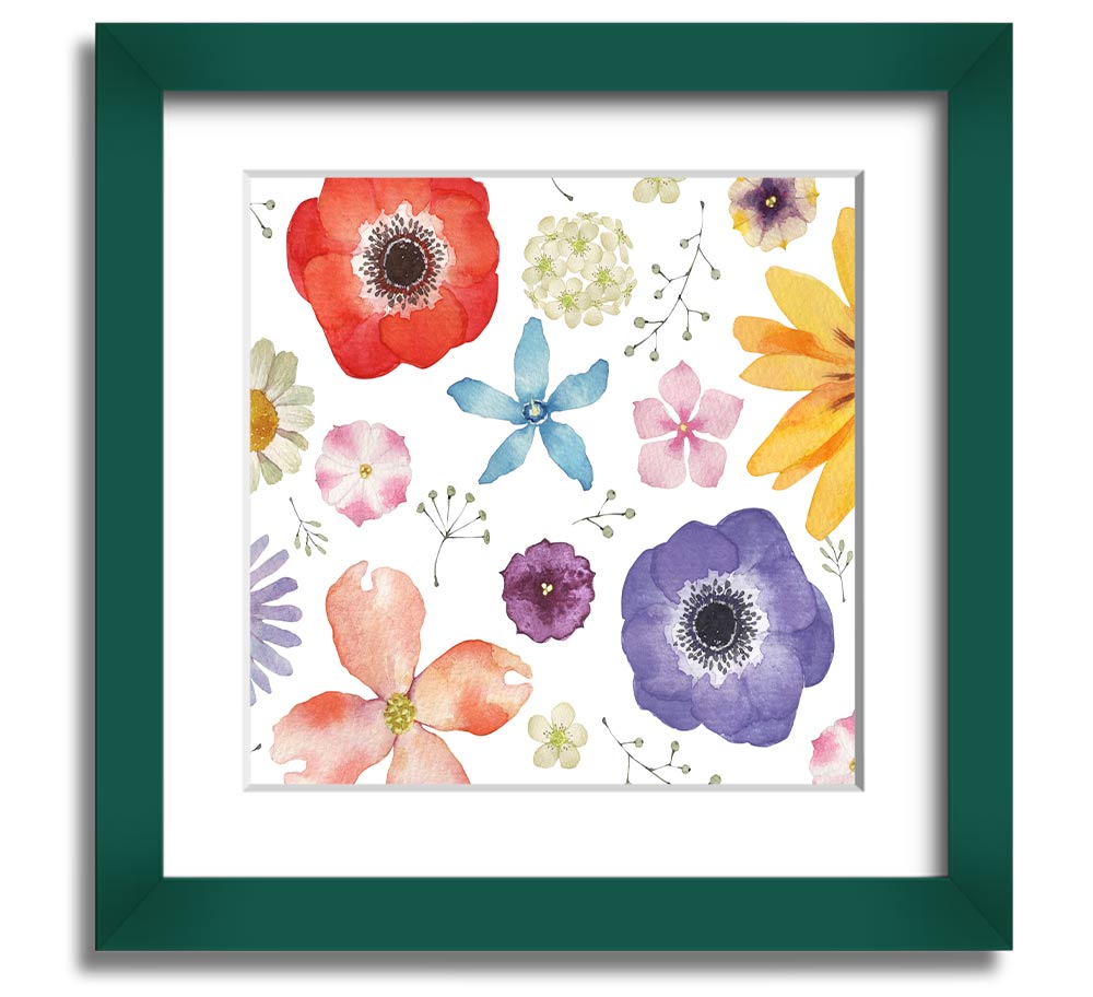 Aerial view of colorful flowers in a square framed print, showcasing vibrant hues and intricate details, ready to hang.