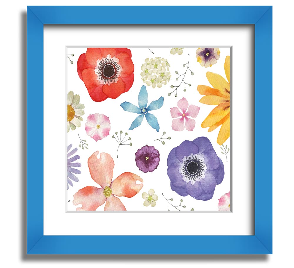 Aerial view of colorful flowers in a square framed print, showcasing vibrant hues and intricate details, ready to hang.