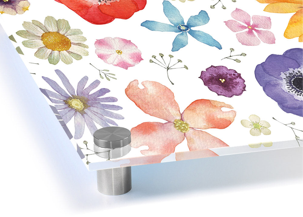 Aerial View Flowers acrylic print showcasing vibrant floral design on 5mm thick acrylic glass, ready to hang.