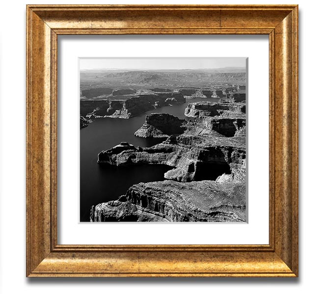 Aerial view of a canyon captured in a square framed print, showcasing vibrant colors and intricate details, ready to hang.