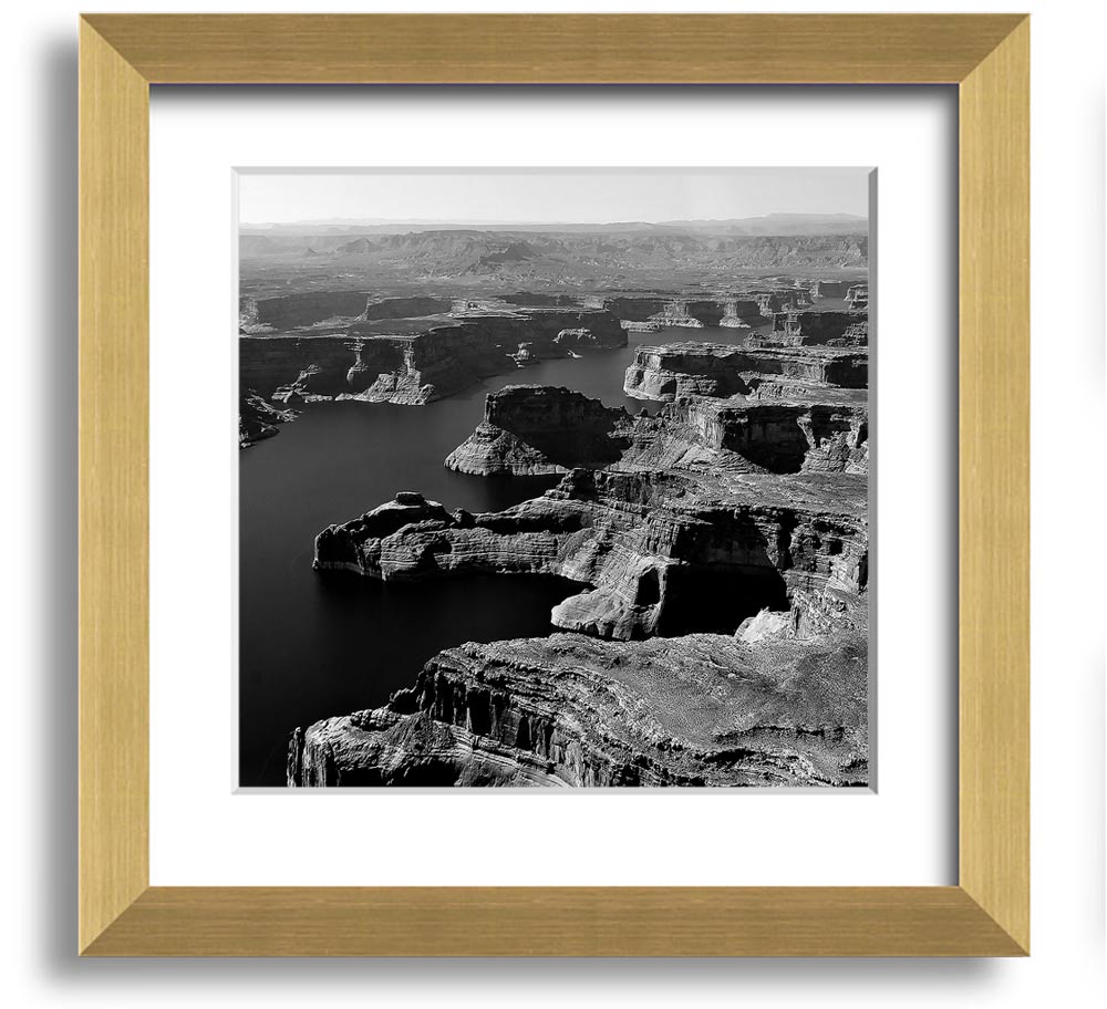 Aerial view of a canyon captured in a square framed print, showcasing vibrant colors and intricate details, ready to hang.