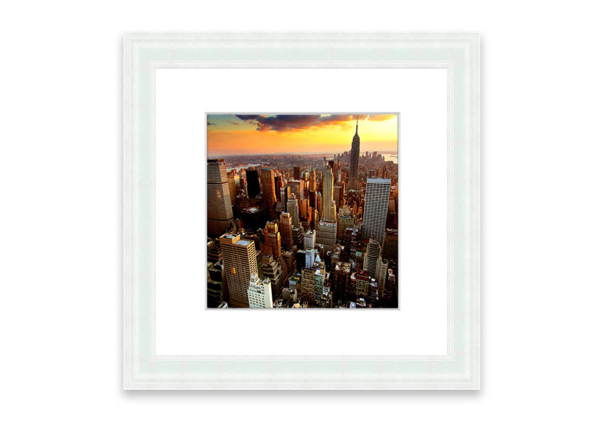 Framed print of an aerial view of New York City, showcasing the iconic skyline and vibrant cityscape.