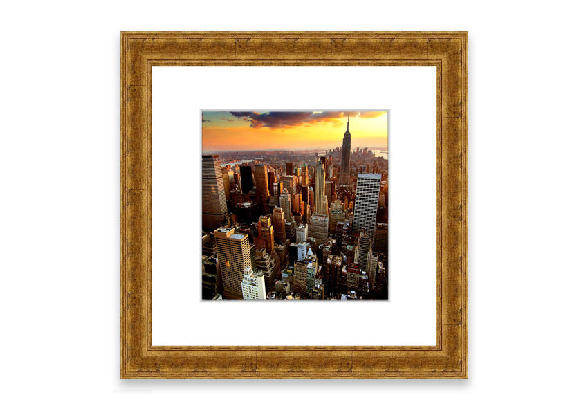 Framed print of an aerial view of New York City, showcasing the iconic skyline and vibrant cityscape.