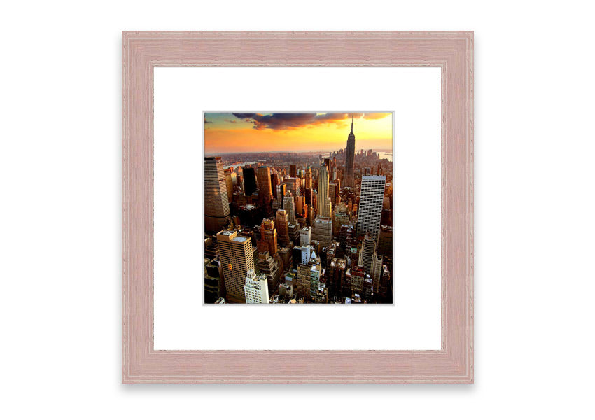 Framed print of an aerial view of New York City, showcasing the iconic skyline and vibrant cityscape.