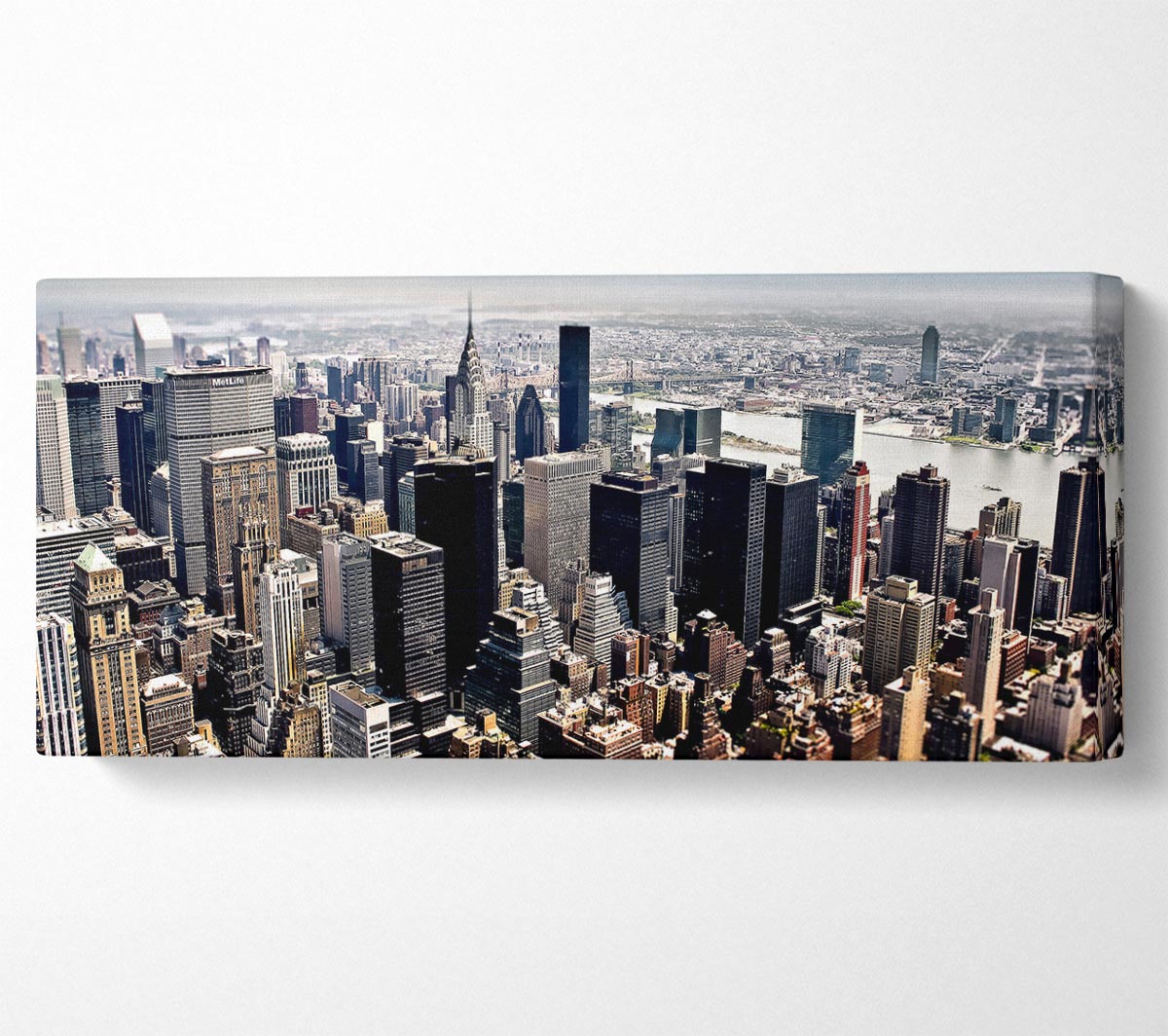 Aerial view of New York City printed on canvas, showcasing the iconic skyline and vibrant cityscape.