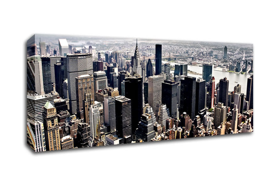 Aerial view of New York City printed on canvas, showcasing the iconic skyline and vibrant cityscape.