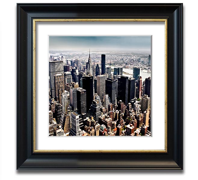 Aerial view of New York City captured in a square framed print, showcasing the iconic skyline and vibrant cityscape.