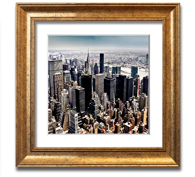 Aerial view of New York City captured in a square framed print, showcasing the iconic skyline and vibrant cityscape.