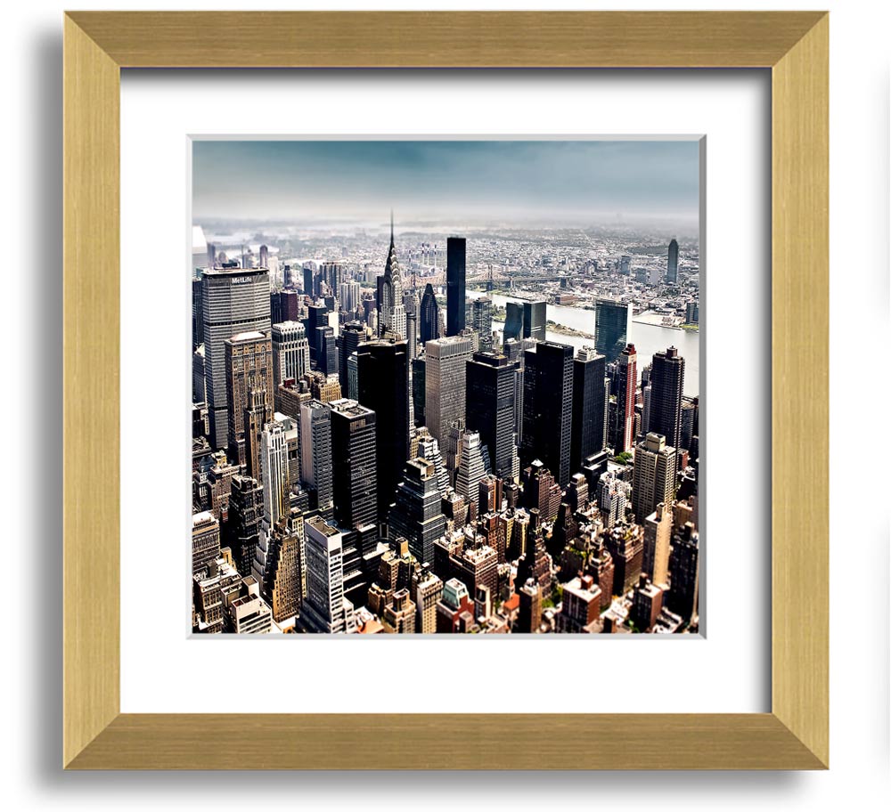 Aerial view of New York City captured in a square framed print, showcasing the iconic skyline and vibrant cityscape.