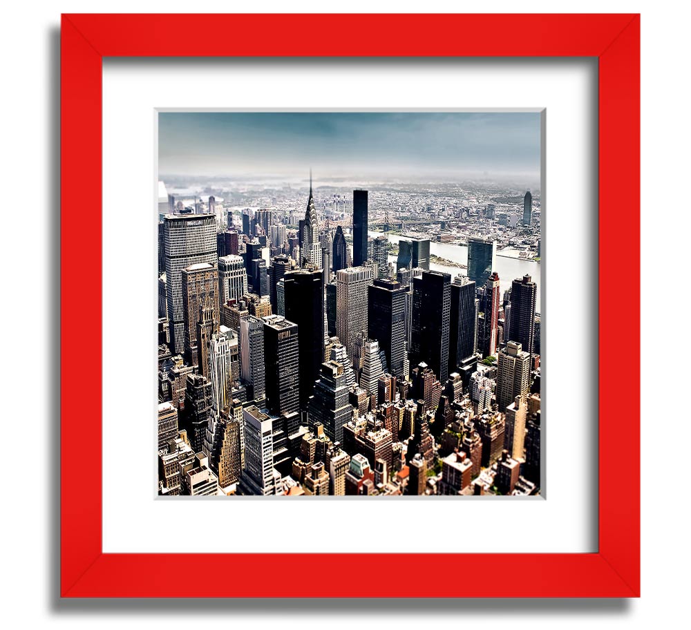 Aerial view of New York City captured in a square framed print, showcasing the iconic skyline and vibrant cityscape.