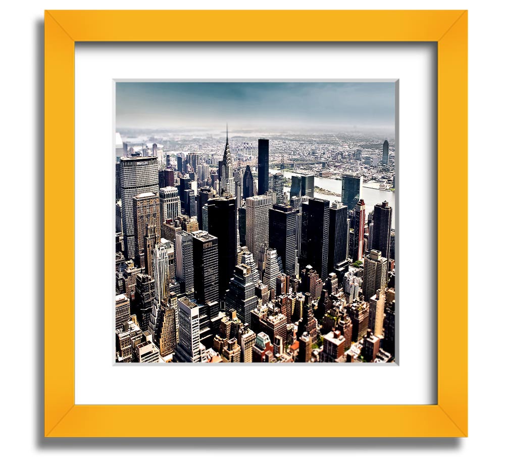 Aerial view of New York City captured in a square framed print, showcasing the iconic skyline and vibrant cityscape.