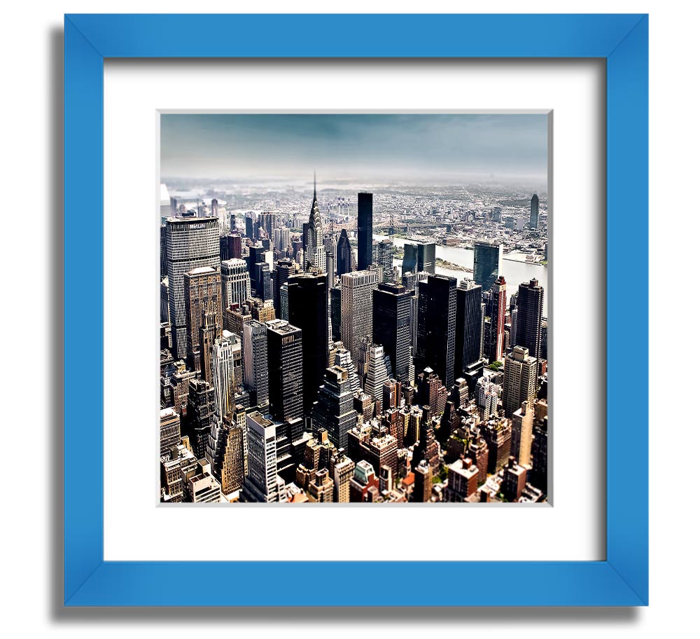 Aerial view of New York City captured in a square framed print, showcasing the iconic skyline and vibrant cityscape.