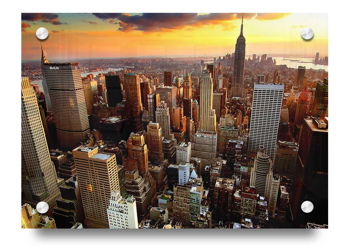 Aerial view of New York City printed on 5mm thick acrylic glass, showcasing vibrant cityscape details.