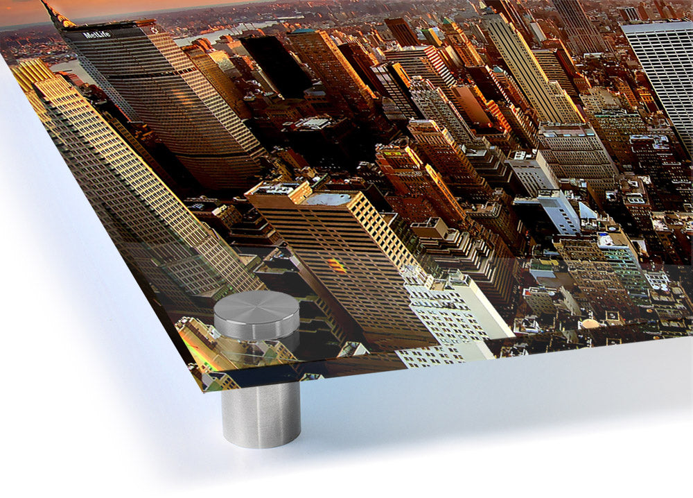 Aerial view of New York City printed on 5mm thick acrylic glass, showcasing vibrant cityscape details.