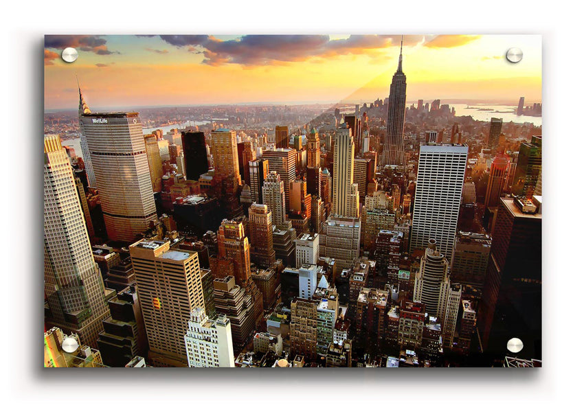 Aerial view of New York City printed on 5mm thick acrylic glass, showcasing vibrant cityscape details.