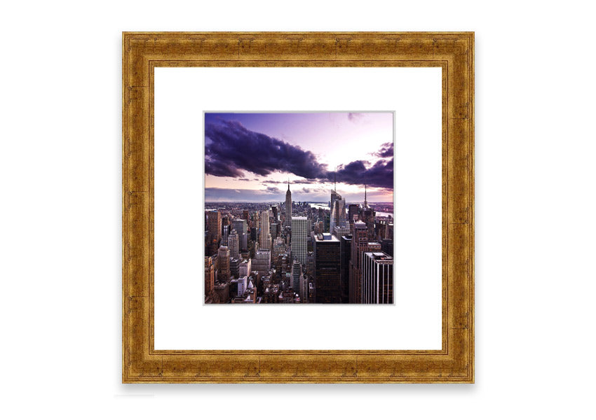 Framed print of New York City skyline at dusk, showcasing vibrant colors and intricate details.