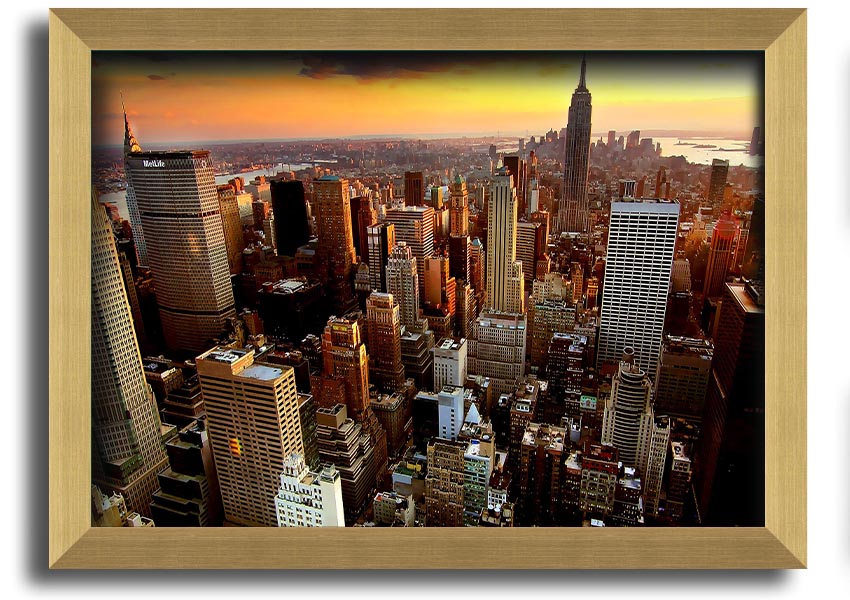 Aerial view of New York City at sunset, showcasing vibrant colors and iconic skyline, framed and ready to hang.