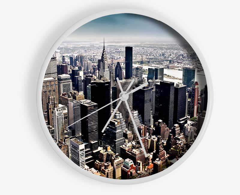 Aerial View of New York City clock made from natural bamboo with a round face and clear Plexiglas lens, showcasing a vibrant cityscape.