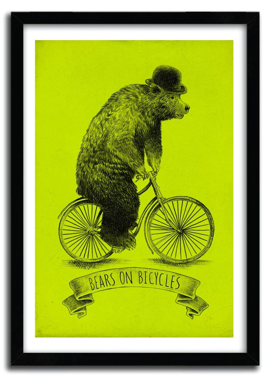 Art print of bears riding bicycles, vibrant colors on fine arts paper, limited edition by Eric Fan.