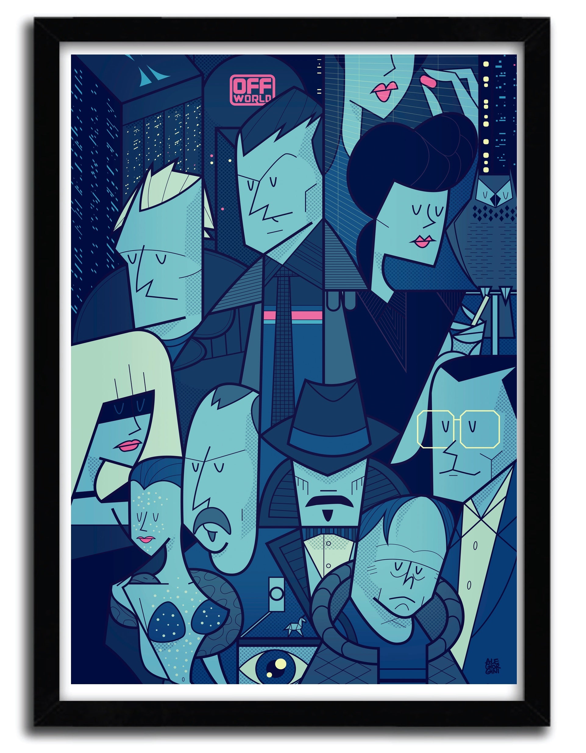 Affiche Blade Runner par Ale Giorgini, imprimée sur papier fine arts, avec des couleurs vives et un design inspiré du film culte.