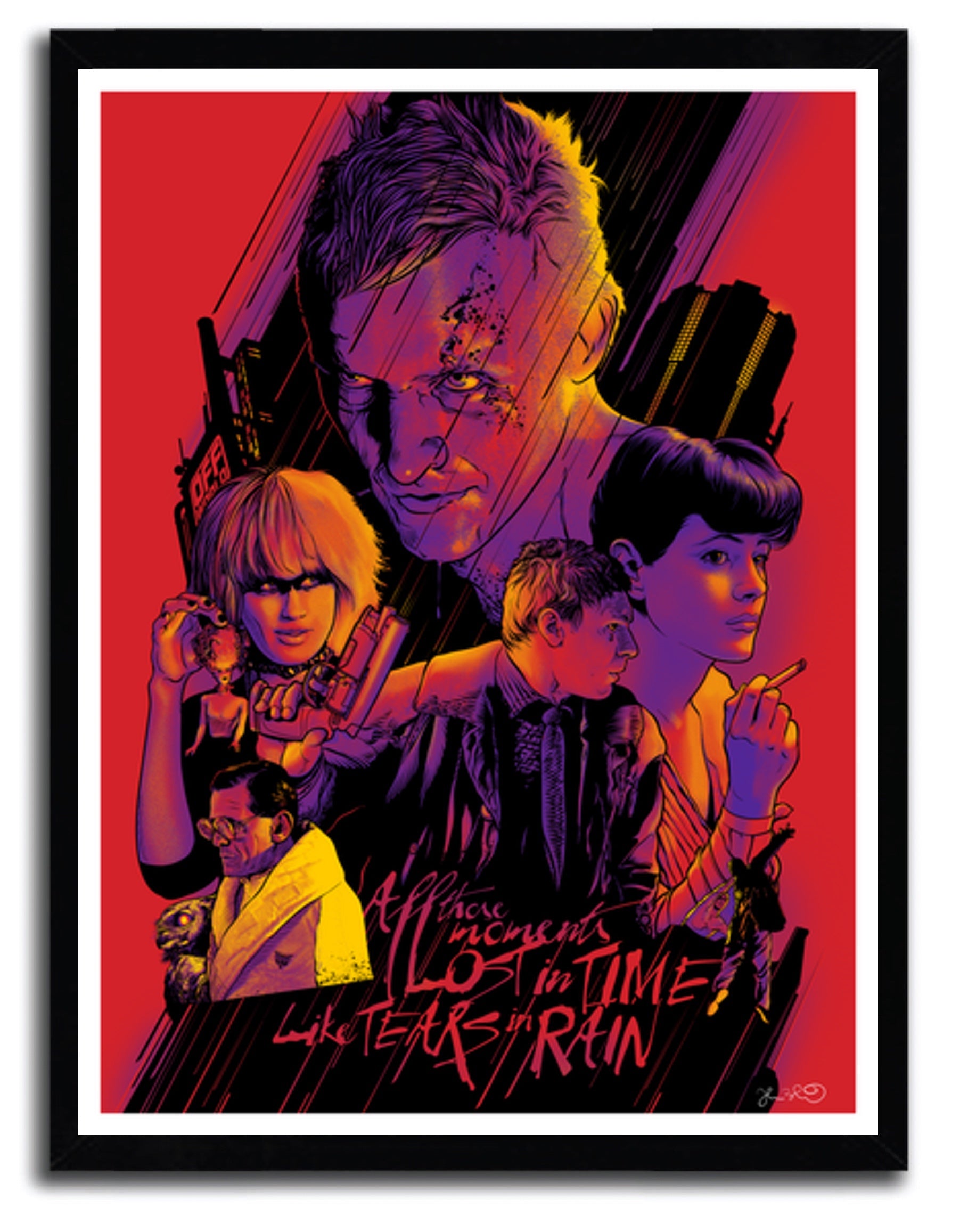 Affiche Blade Runner par Joshua Budich, imprimée sur papier fine arts, avec des couleurs vives et un design captivant.