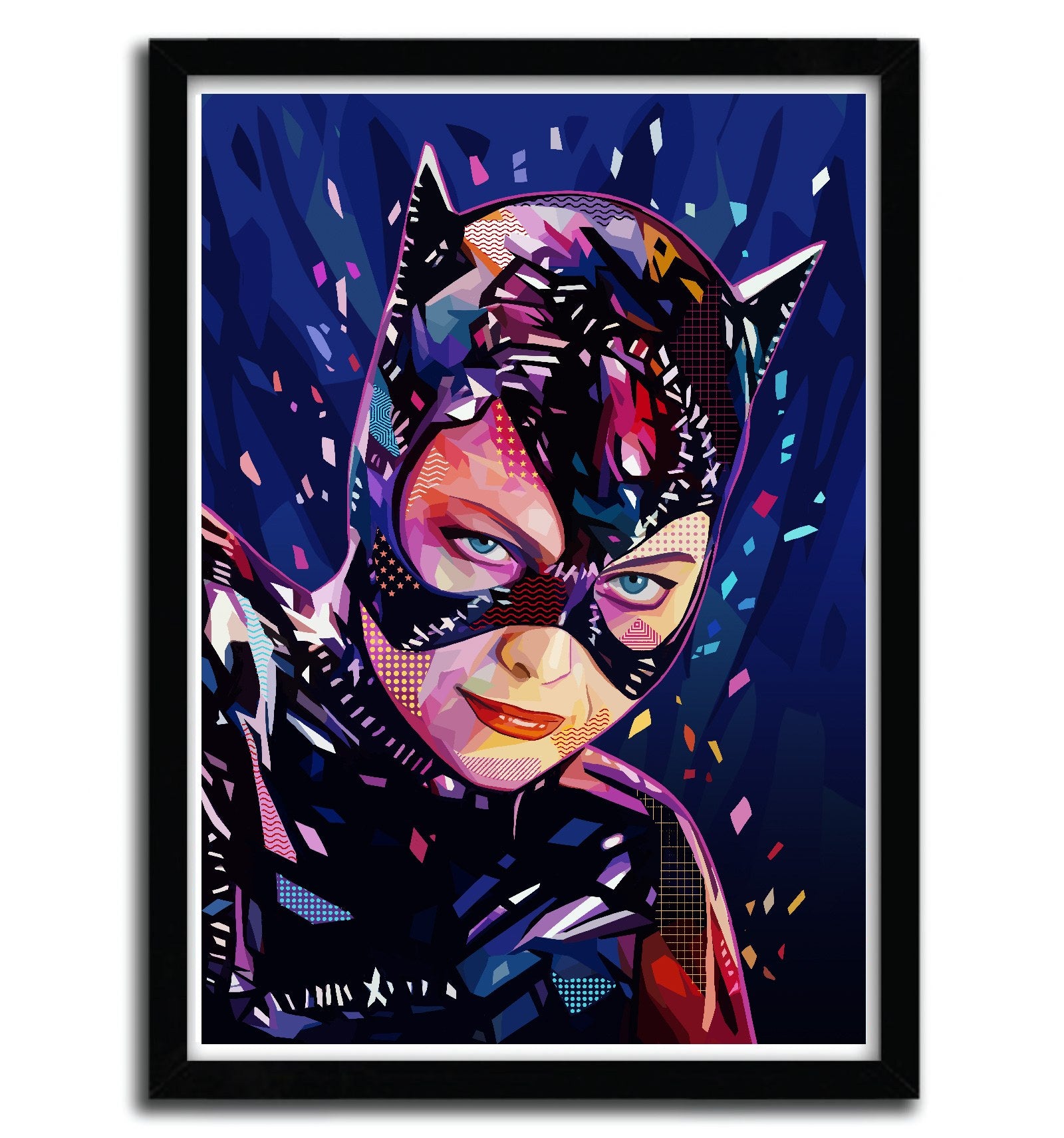 Affiche Cat Woman par Alessandro Pautasso, imprimée sur papier fine arts, avec des couleurs vives et un design contemporain.