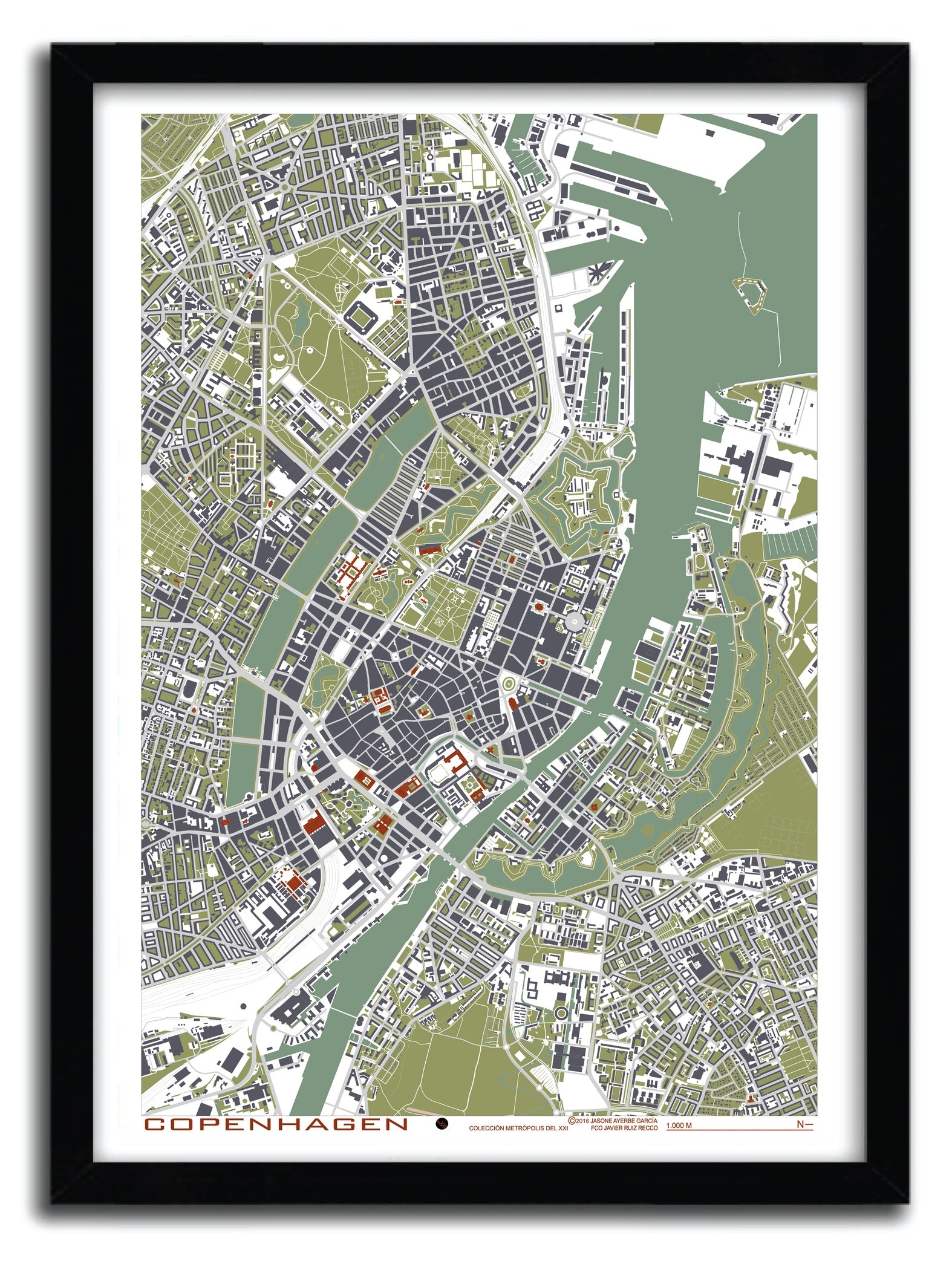 Affiche Copenhague engraving by PLANOS URBANOS, showcasing intricate urban landscape details on fine arts paper.